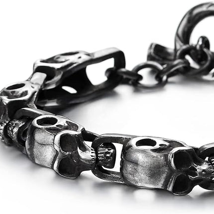 COOLSTEELANDBEYOND Stainless Steel Blackened Old Metal Finishing, Skulls Link Chain Bracelet for Man