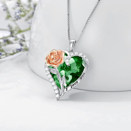 TOUPOP Jewelry for Women Rose Flower Necklace 925 Sterling Silver Rose Crystal Pendant Necklace Heart Birthstone Necklace Birthday Anniversary Jewelry Gifts for Women Wife Girls Mom