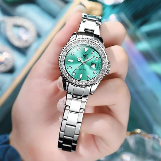 OLEVS Watches for Women Diamond with Date Luxury Leather Female Waterproof Women Wrist Watch Analog Dress Stainless Steel Ladies Watch Luminous Calendar Women Watch