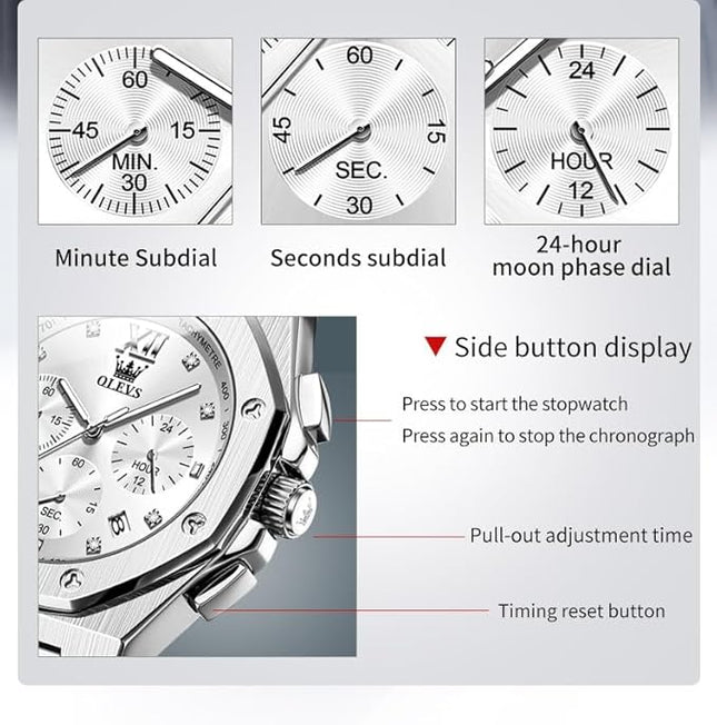 OLEVS Watches for Men Stainless Steel Business Dress Large Easy to Read Analog Watch Waterproof Luminous Casual Luxury Men Watch