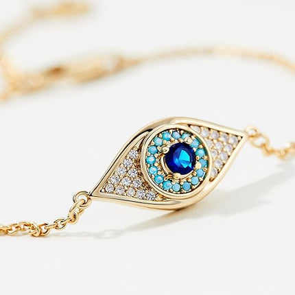 Cicy Bell Evil Eye Bracelet 18k Gold Plated Turquoise Zirconia Link Bracelets Trendy Jewelry Gift for Women Adjustable 5.9" with 1.9'' Extender