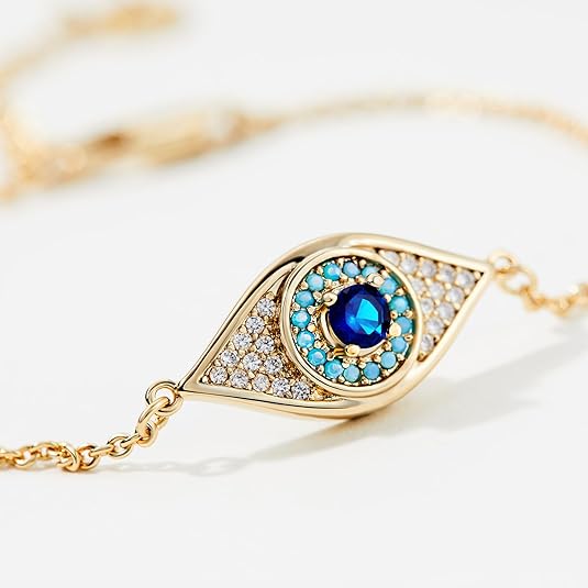 Cicy Bell Evil Eye Bracelet 18k Gold Plated Turquoise Zirconia Link Bracelets Trendy Jewelry Gift for Women Adjustable 5.9" with 1.9'' Extender