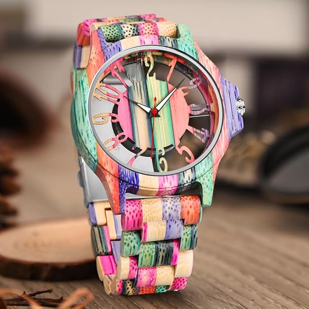 Dentily Wooden Watches for Men Handmade Colorful Bamboo Engraved Wood Watch Analog Quartz Men's Wooden Watch