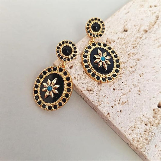 French Vintage style Women's Gold Plated Octagrams Drop Earrings with Black Cubic Zirconias and Green Turquoise Stones, Black Color Base