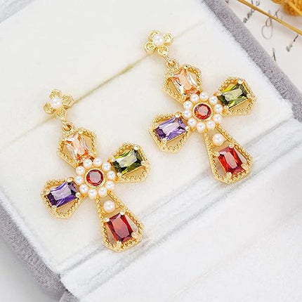 Colorful Crystal Cross Dangle Stud Earrings for Women Girls 14K Gold Plated CZ Rhinestone Pearl Dangling Charm Drop Earrings Statement Studs Boho Fashion Jewelry Gifts