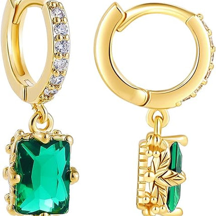 Gold Huggie Hoop Earrings For Women Small Square Austrian Crystal Green Drop Earrings 18k Gold Plated