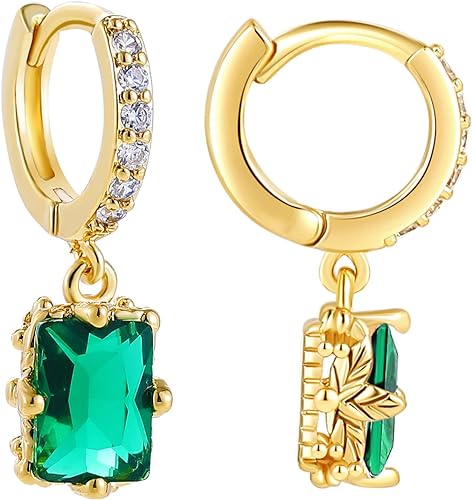 Gold Huggie Hoop Earrings For Women Small Square Austrian Crystal Green Drop Earrings 18k Gold Plated