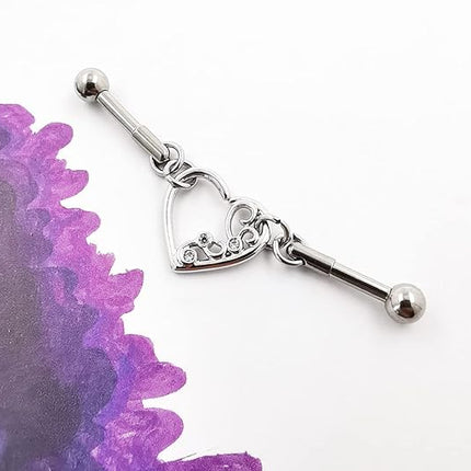 Excepro Heart Industril Piercing Jewelry Chain Stainless Steel 14G Industril Barbell 1PC