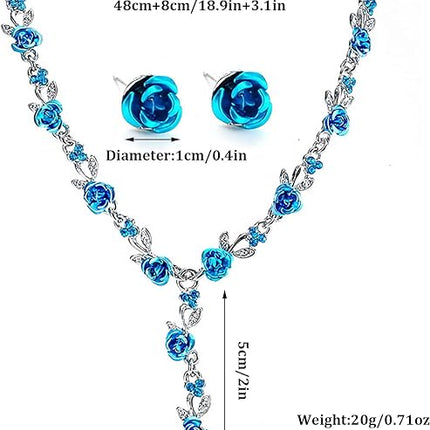 Rose Flower Necklace Earrings Set Crystal 3Pcs Bridal Flower Pendant Necklace Chain Studs Floral Wedding Jewelry for Women Girls Bride Bridesmaids