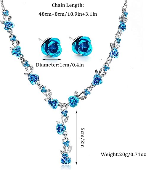 Rose Flower Necklace Earrings Set Crystal 3Pcs Bridal Flower Pendant Necklace Chain Studs Floral Wedding Jewelry for Women Girls Bride Bridesmaids