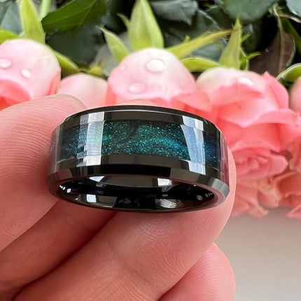 8mm Black Tungsten Rings for Men Women Flowing Sand Inlay Fashion Engagement Promise Wedding Band Beveled Polished Shiny Comfort Fit