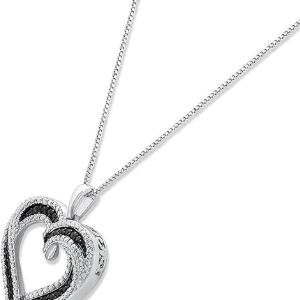 Sterling Silver 1/4cttw Natural Round-Cut Black Diamond Heart Pendant-Necklace with an 18 Inch Chain