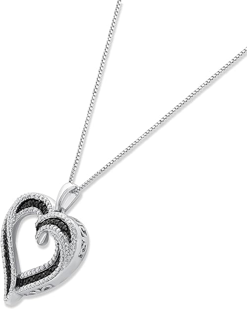 Sterling Silver 1/4cttw Natural Round-Cut Black Diamond Heart Pendant-Necklace with an 18 Inch Chain