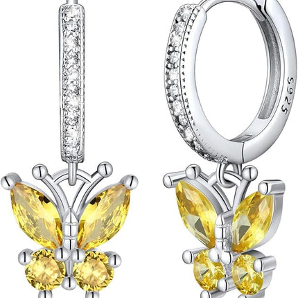 SILVERCUTE 925 Sterling Silver Butterfly Hoop Earrings - 12 Birthstone Butterfly Dangle Earrings, Cute Huggie Hoops Butterfly Jewelry for Women Teen Girls