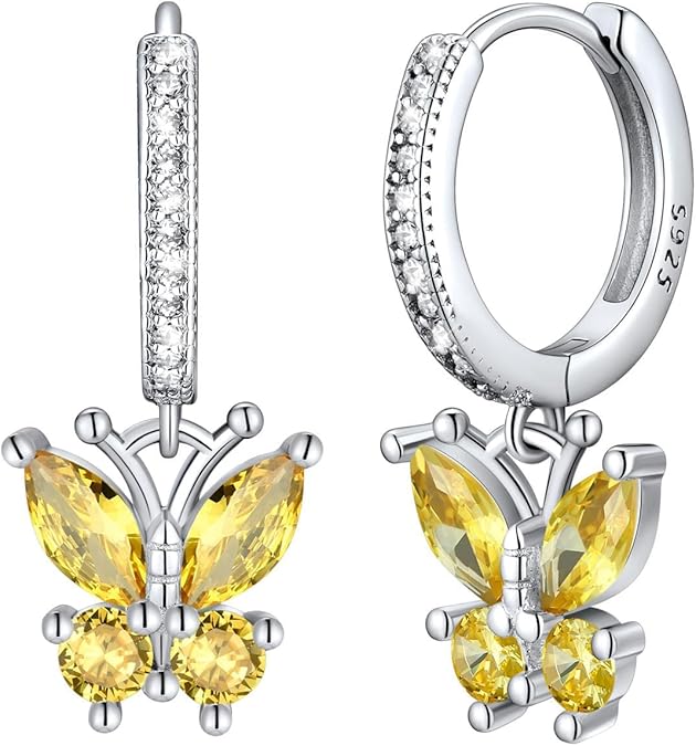 SILVERCUTE 925 Sterling Silver Butterfly Hoop Earrings - 12 Birthstone Butterfly Dangle Earrings, Cute Huggie Hoops Butterfly Jewelry for Women Teen Girls