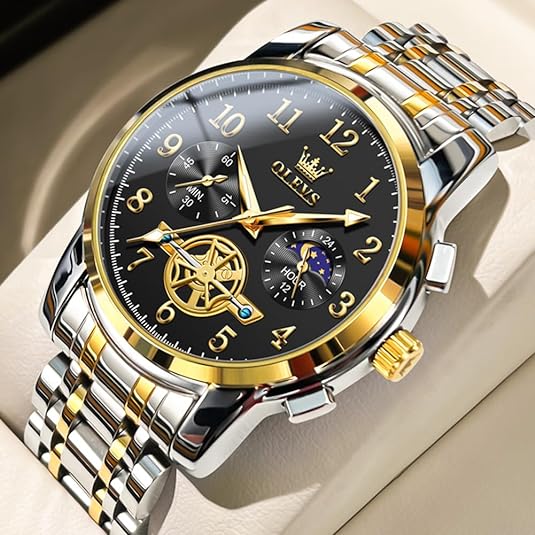 OUPINKE Men Watch Analog Quartz Luxury Dress Big Face Wrist Watches Stainless Steel Moon Phase Waterproof Luminous Business Classic Casual