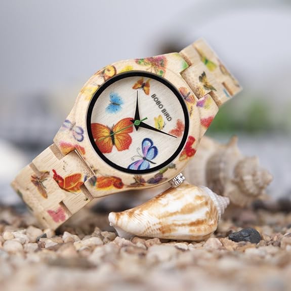 BOBO BIRD Women's Bamboo Watch Butterfly Engraved Handmade Wooden Casual Watches