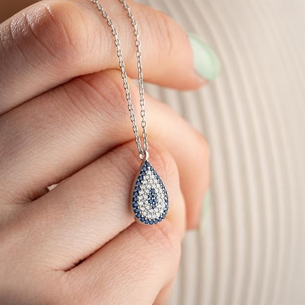 925 Sterling Silver Necklace for Women | 18-Inch Genuine Zircon Blue Evil Eye Drop Pendant | Women's Rhodium-Plated Jewelry, Dainty Gift for Girls