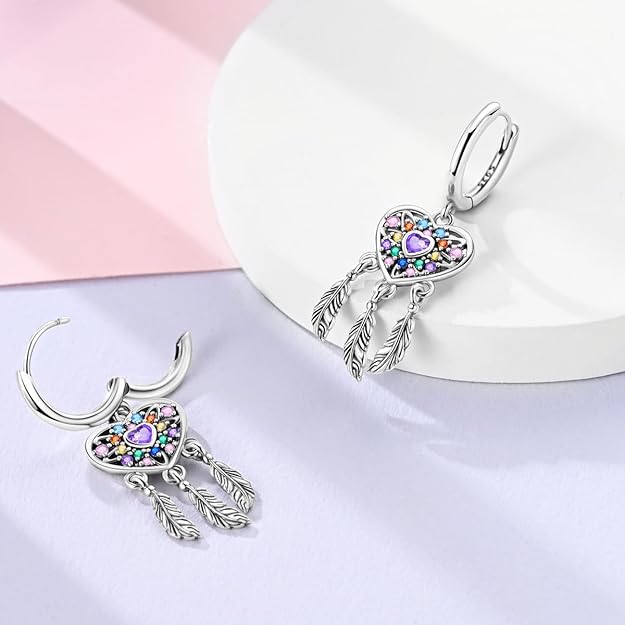 NARMO Dangle Drop Earrings 925 Sterling Silver Earrings for Women Cubic Zirconia Dangle Hoop Earrings Moon and Star Earrings Dream catcher Earrings for Women