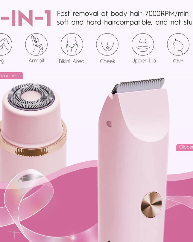 Bikini Trimmer for Women, 2-in-1 Electric Razor & Shaver, IPX7 Waterproof, Gentle Hair Removal for Pubic, Face, Legs, Underarms, Cordless Rechargeable with Ceramic Blades, Travel Friendly