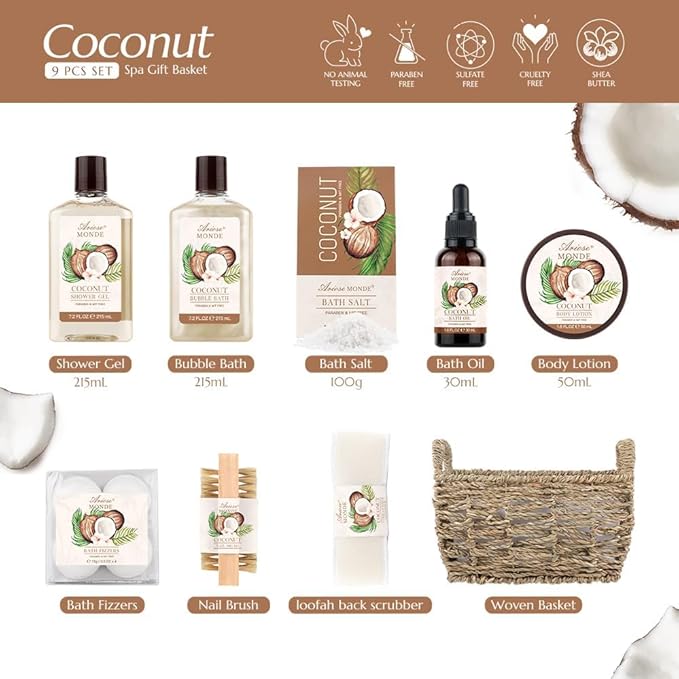 Bath & Shower Spa Basket Gift Set, Coconut Scent, with Shower Gel, Bubble Bath,Body Lotion, Bath Bomb,Bath Salt, Bath and Body Gift Box for Women