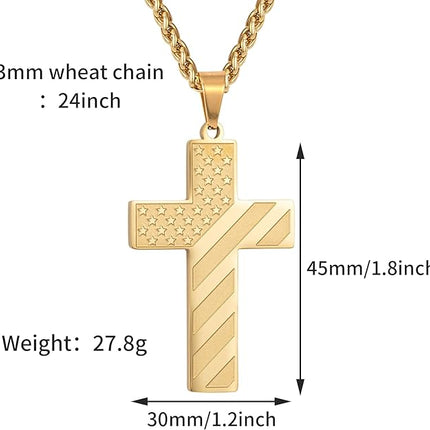 DuoDiner 24 Inch Cross Necklace for Men Boys Bible Verse American Flag Pendant Baptism Religious First Communion Jewelry Gift