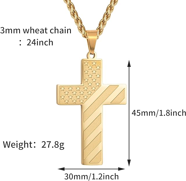 DuoDiner 24 Inch Cross Necklace for Men Boys Bible Verse American Flag Pendant Baptism Religious First Communion Jewelry Gift