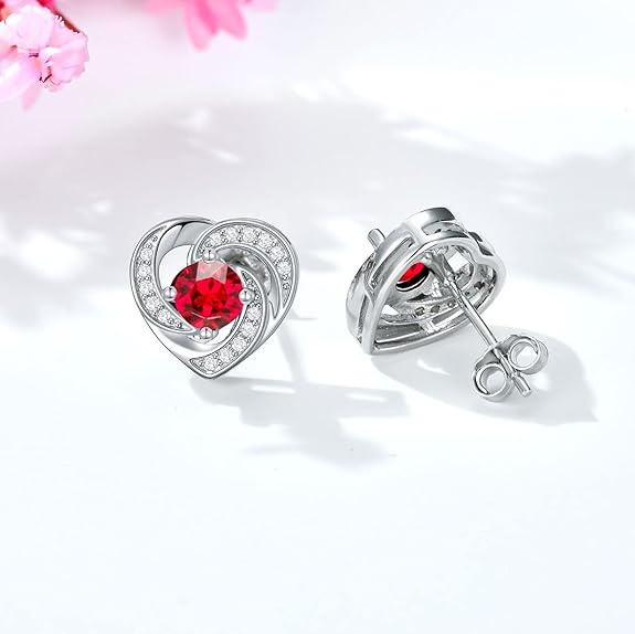AOBOCO 925 Sterling Silver Birthstone Heart Stud Earrings, Anniversary Valentine's Birthday Jewelry Gifts for Women Girls