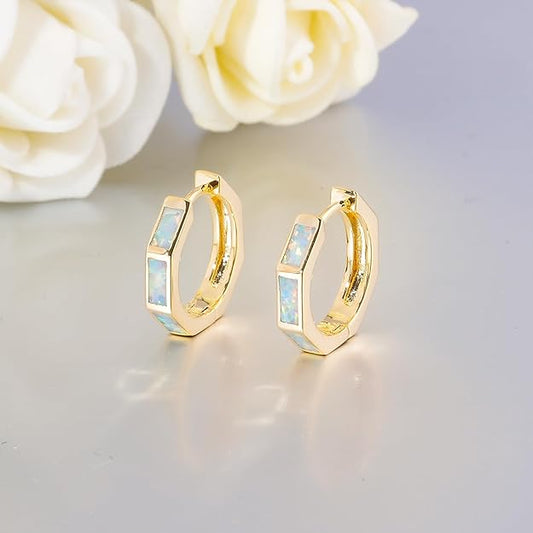 CiNily Opal Hoop Earrings for Women, Girls Hexagon Huggie Earrings 14K White/Black/Gold Plated Hypoallergenic | Mini Hoop Earrings | Small Hoops for Sensitive Ear Christmas Halloween Jewelry Gifts