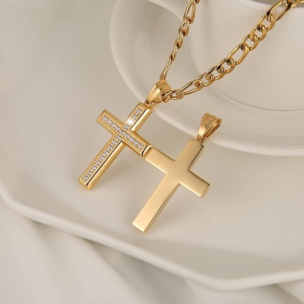 HZMAN 24K Gold-Plated Solid CZ Cross Necklace for Men Women Stainless Steel Religion Jewelry with 24 Inch Figaro Chain
