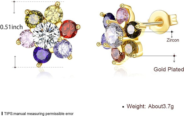 Colored Cubic Zirconia Stud Earrings for Women,14K Gold Plated Crystal Flower Exquisite Earring for Mother, Ladies, Girls
