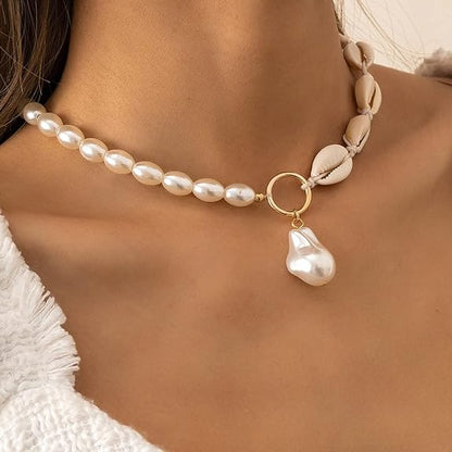 Simple Design Pearl Choker with Shell Pendant Summer Vacation Party