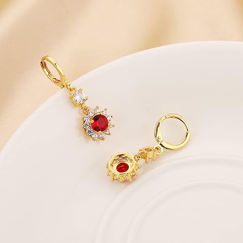 HZMAN 14K Gold Plated Rhinestone Flower Earrings for Women Girls Hypoallergenic Cubic Zirconia Dangle Drop Earring Jewelry Wedding Gifts (Red)