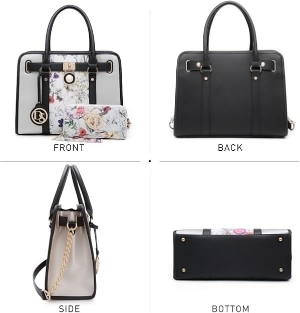 Dasein Two Tone Satchel Handbags Purses for Women Vegan Leather Shoulder Bags Large Tote Bag with Matching Wallet/Chain Strap