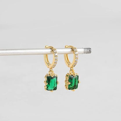 Gold Huggie Hoop Earrings For Women Small Square Austrian Crystal Green Drop Earrings 18k Gold Plated