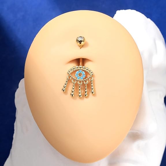 COCHARM Evil Eye Belly Button Rings Dangling Belly Rings Gold Silver Cute Tassel Belly Rings 14g Blue Turquoise Eye Belly Button Ring Stainless Steel Navel Piercing For Women