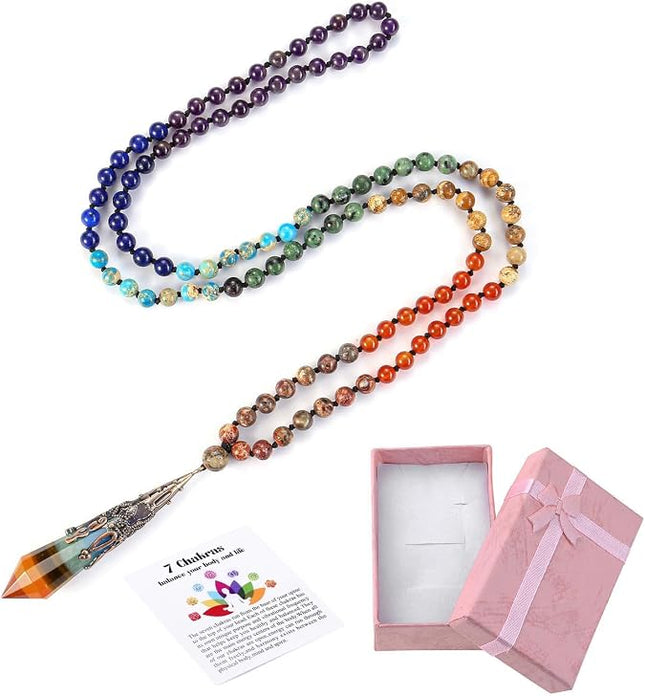 GEHECRST Natural 7 Chakra 108 Mala Prayer Beads Necklace with Reiki Healing Crystal Pointed Pendant 6mm Gemstones Beads Necklace Mens Womens Jewelry for Meditation, Protection