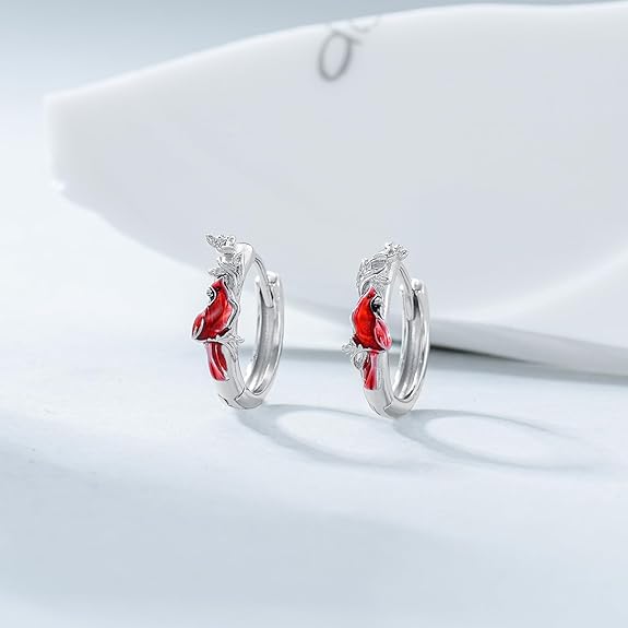 CRMAD Cardinal Earrings for Women Sterling Silver Red Cardinal Hoop Earrings Bird Earrings Cardinal Jewelry Gift (cardinal)