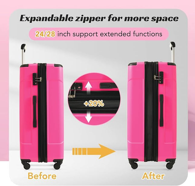 Merax Luggage Set 3 Piece Expandable Lightweight Spinner Suitcase with Corner Guards (Rose Red, 20/24/28)