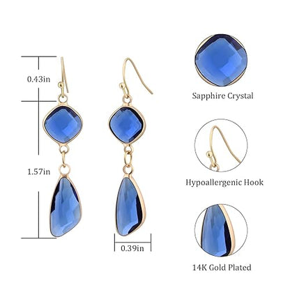 Blue Drop Earrings for Women-14K Gold Plated Sapphire Earrings for Women Unique Hypoallergenic Crystal Earrings Blue Stone Earrings Dangle Earrings for Women Birthstone Blue Topaz Earrings