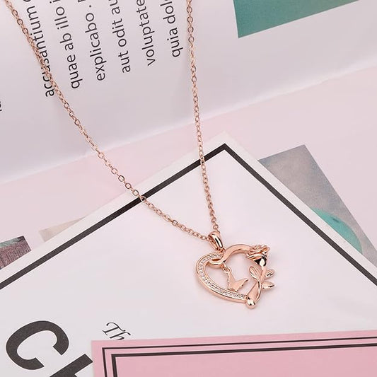 Heart Necklace for Women Sterling Silver/14k Gold Plated/Rose Gold CZ Romantic Rose and Butterfly Jewelry for women Birthday Valentine's Day Gift for Girls