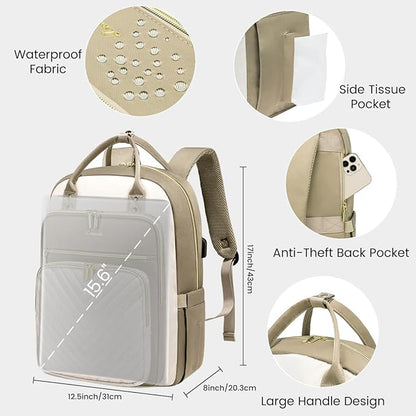 LOVEVOOK 15.6 Inch Laptop Backpack for Women,Large Capacity Work Backpack Purse for Women,Waterproof Travel Day Pack for Teacher Nurse,Khaki-Beige