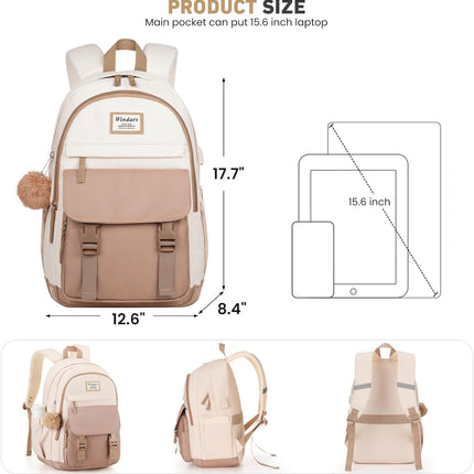 School Backpack for Teen Girls, Cute College Backpacks for Women Students Aesthetic Bookbag Large 15.6 Inch Laptop Bag Middle School Travel Back Pack (Khaki Beige)