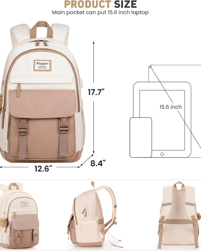 School Backpack for Teen Girls, Cute College Backpacks for Women Students Aesthetic Bookbag Large 15.6 Inch Laptop Bag Middle School Travel Back Pack (Khaki Beige)