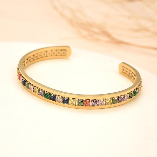 Gold Plated Stainless Steel Rainbow Cubic Zirconia Open Bangle, Multicolor Colorful CZ Cuff Bangle Bracelet for Women Adjustable