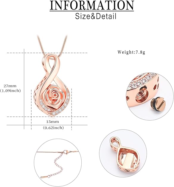 Roseflower Cremation Jewelry for Ashes Infinity Urn Necklace for Ashes Memorial Keepsakes Jewelry for Women Girl Pets Loved One Memorial Jewelry