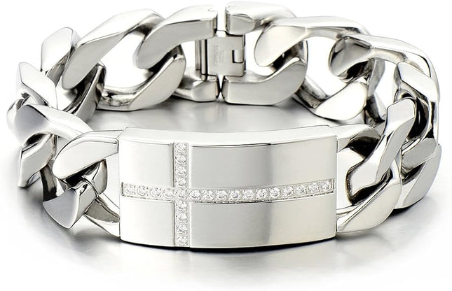 COOLSTEELANDBEYOND Mens Large Stainless Steel Cross Identity Curb Chain Bracelet Set with Cubic Zirconia Hip Hop Rock