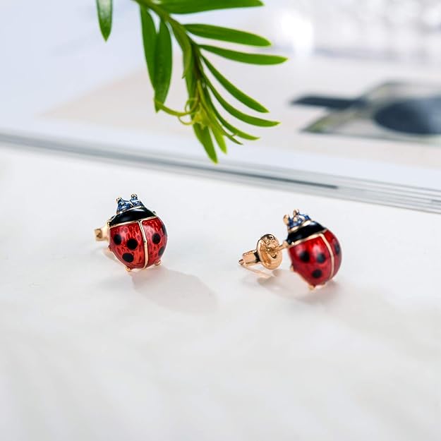 Stud Earrings, Red Ladybug Black Spots 18K Gold Plated 925 Sterling Silver Post Rose Flower Stud Earrings for Women and Girl