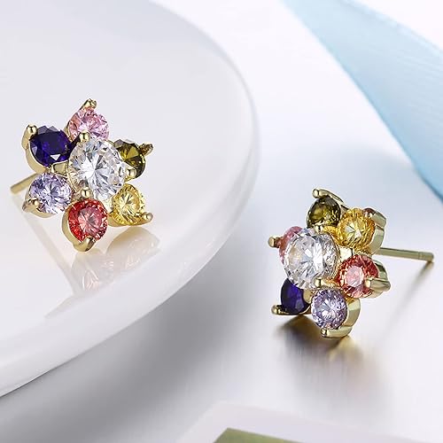 Colored Cubic Zirconia Stud Earrings for Women,14K Gold Plated Crystal Flower Exquisite Earring for Mother, Ladies, Girls