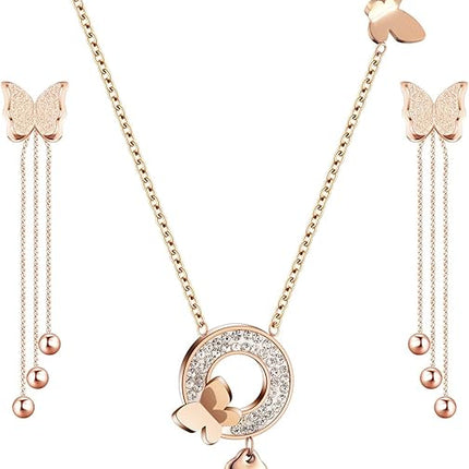EVEVIC Stainless Steel Butterfly Necklace Earrings Set for Women 14K Gold Plated Hypoallergenic Jewelry Sets
